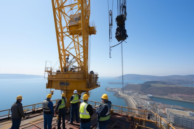 Maritime crane operator lifting cargo from ship deck in the midst of sea operations