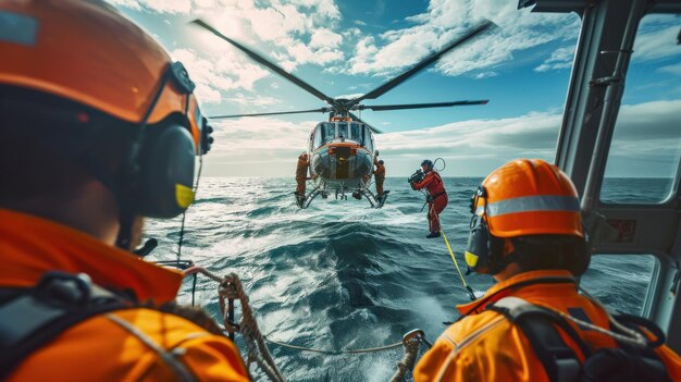 Photo maritime rescue teams are on duty using helicopters to rescue victims