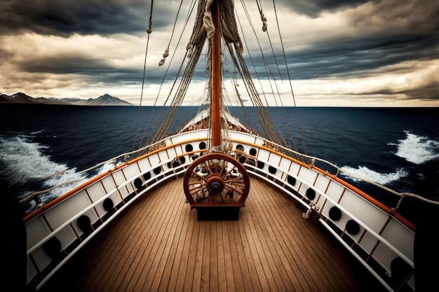 Maritime sailing ship going to port and view from ship deck