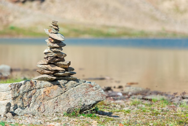 Mark of the right way in the mountains near a lake