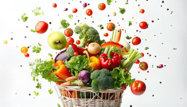 Market assortment Different products falling into shopping cart on white background