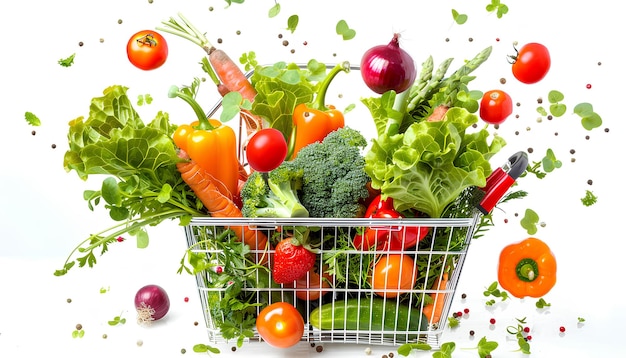 Market assortment Different products falling into shopping cart on white background