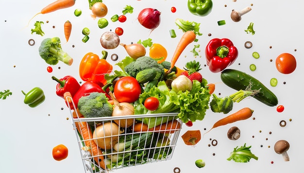 Market assortment Different products falling into shopping cart on white background