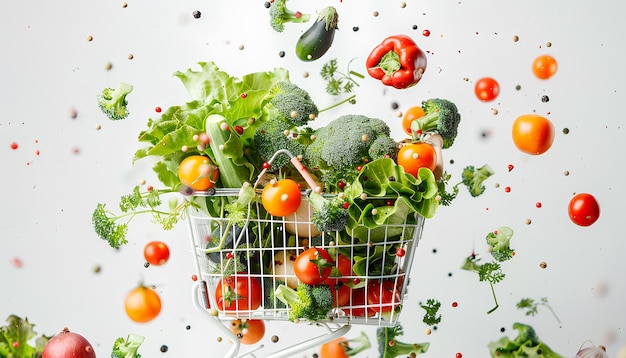 Market assortment Different products falling into shopping cart on white background