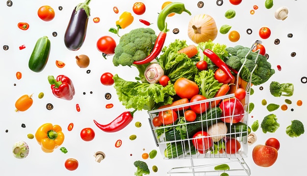 Market assortment Different products falling into shopping cart on white background