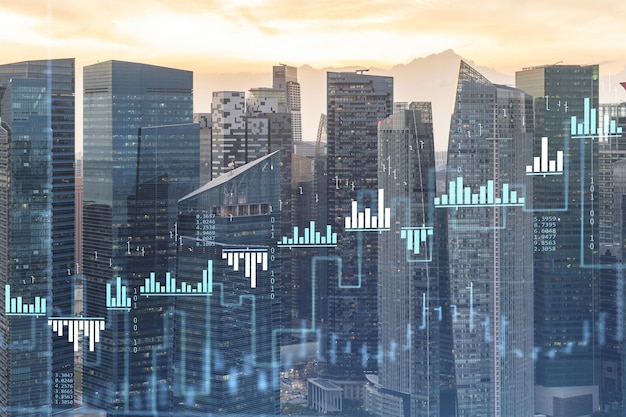 Market behavior graph hologram sunset panoramic city view of Singapore popular location to achieve financial degree in Southeast Asia The concept of financial data analysis Double exposure