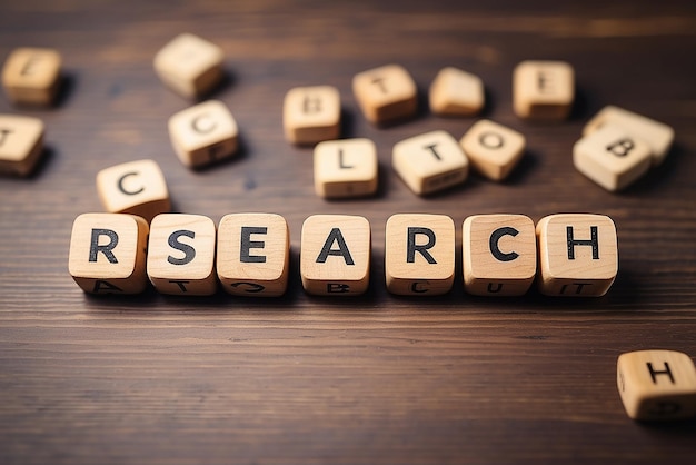 Market Research word built with letter make by wooden cubes and white blur background