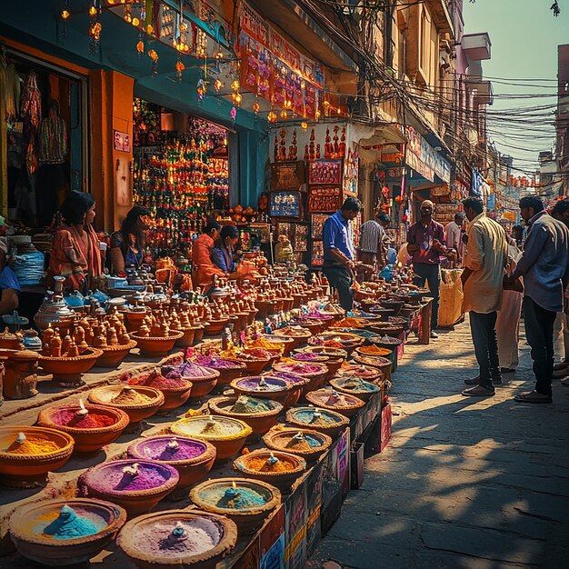 A market selling clay lamps and colored powder for Diwali