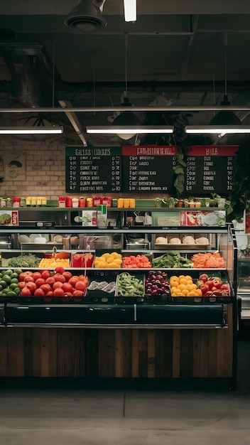 A market sells fresh fruits veggies focusing on natural whole foods