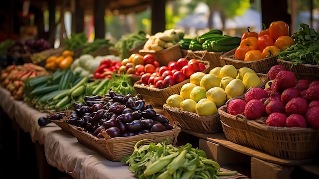 A market stall with baskets of vegetables and fruits and vegetables