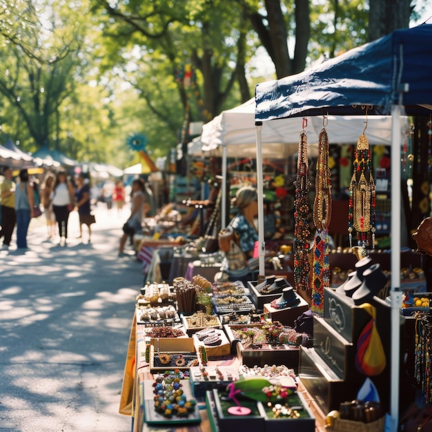 Market stalls with colorful jewelry and crafts on display