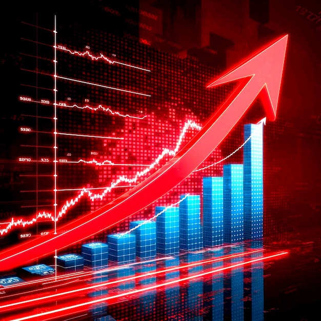 Market Surge 3D Growth Charts and Red Arrows on a Digital Canvas