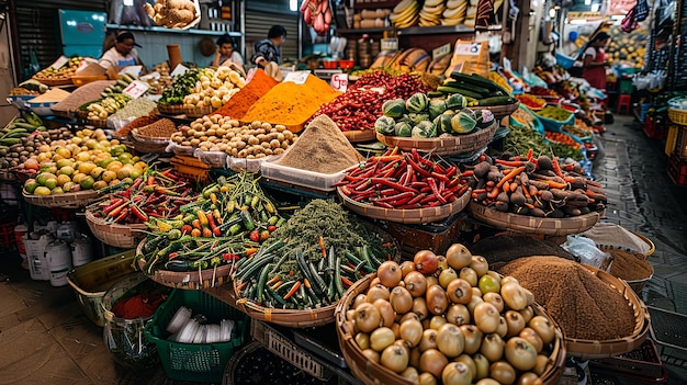 a market with baskets of vegetables including bananas peppers and other vegetables