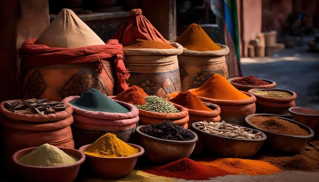 A market with different spices and a pile of bowls