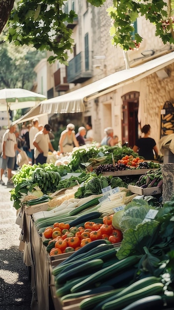 Photo a market with a lot of vegetables including vegetables and people walking in the background