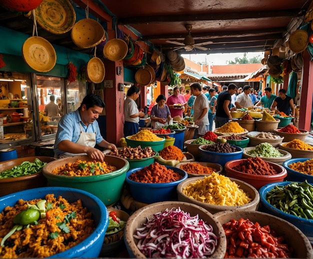 a market with many different types of food including vegetables and spices