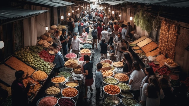 A market with many people and a lot of food