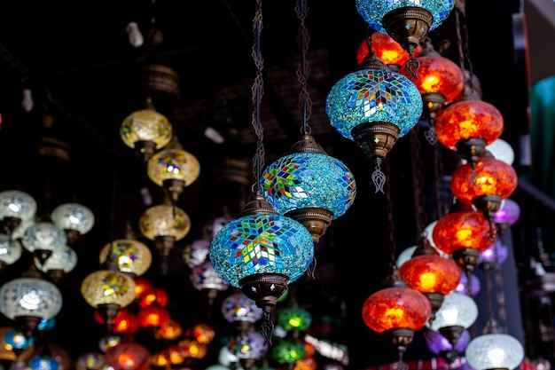 Market With Many Traditional Colorful Handmade Turkish Lamps And Lanterns