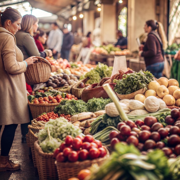 A market with people shopping for fruits and vegetables