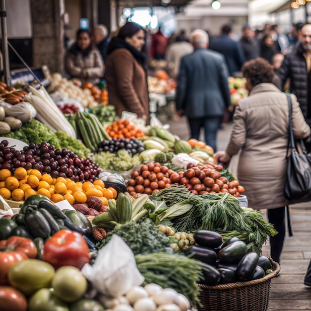 A market with people shopping for fruits and vegetables