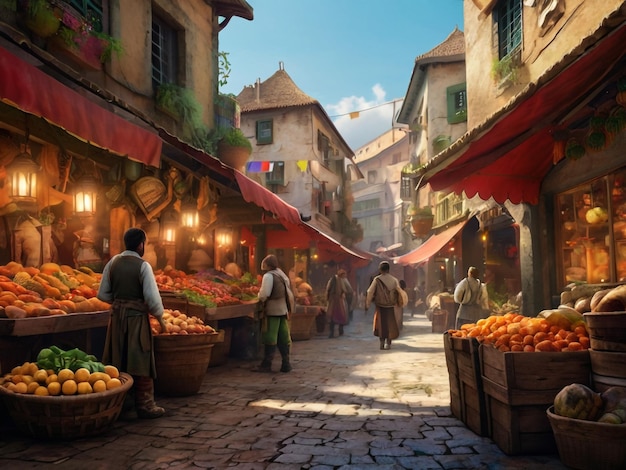 a market with people walking around it and a sign that says quot fresh produce quot