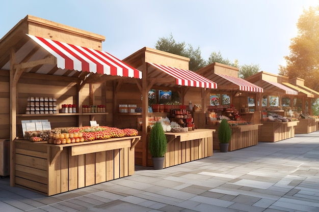 A market with a red and white awning and a red awning.