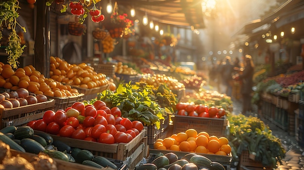 A market with a variety of fruits and vegetables including oranges tomatoes and cucumbers The atmosphere is lively and bustling with people shopping and browsing the produce