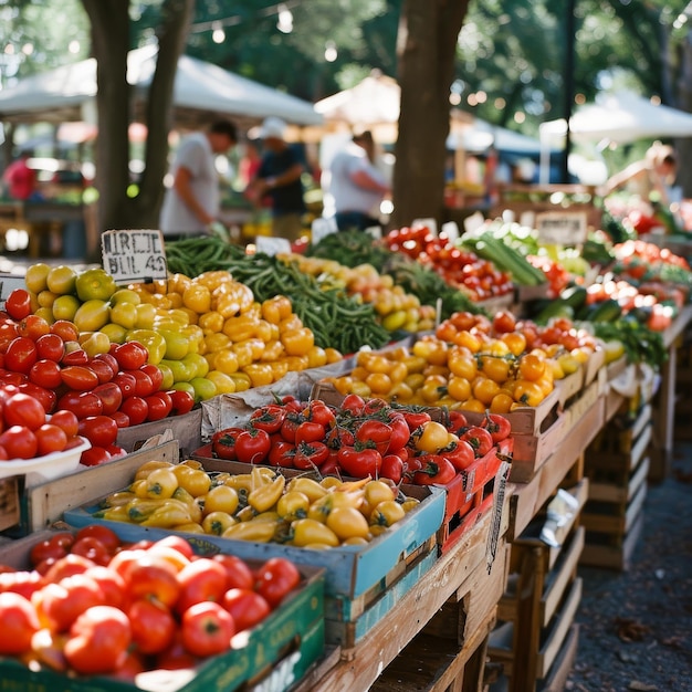 A market with a variety of fruits and vegetables including tomatoes peppers