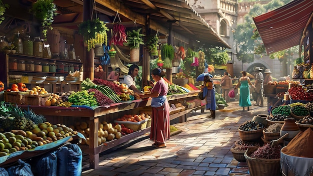 a market with a woman selling vegetables and fruits