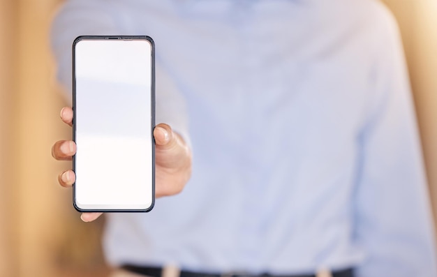 Marketing advertising and digital phone mockup in the hands of a user for branding message or text Hand showing mobile device for copy paste test apps or software UI display or screen design