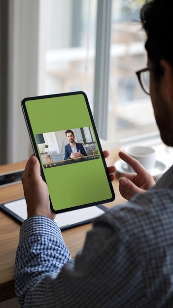 Marketing Manager Streaming a Video Presentation on a Tablet Computer with Mock Up Green Screen Ver