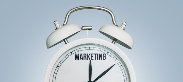 Marketing time creative idea Vintage white Clock and arrows point to marketing concept Successful business development Time to marketing