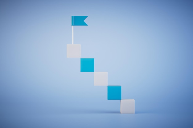 Marking the end of the road a ladder and a flag on top of it on a blue background 3D render