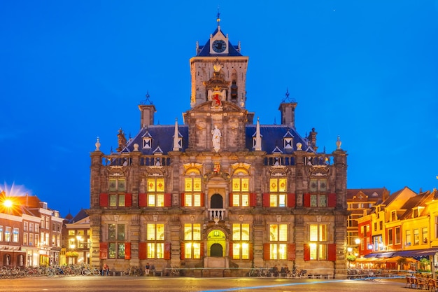 Markt square at night in Delft Netherlands