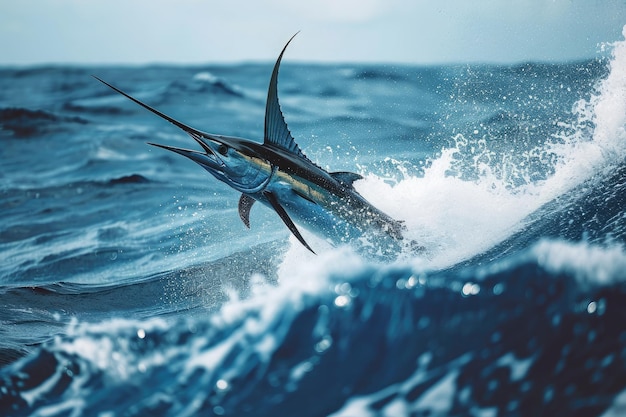 Photo marlin fish leaping out of water a gorgeous display of agility and power a blue marlin speeding through the ocean waves with stunning agility ai generated