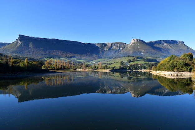 MaroÃ±o water reservoir and mountains of Sierra Salvada. Alava. Basque Country. Spain