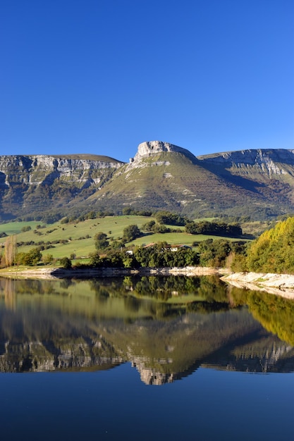 MaroÃ±o water reservoir and mountains of Sierra Salvada. Alava. Basque Country. Spain