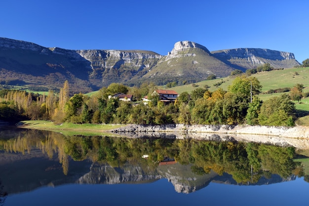 MaroÃ±o water reservoir and mountains of Sierra Salvada. Alava. Basque Country. Spain