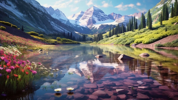 Maroon bells usa snow striped peaks reflective alpine lakes Created with Generative AI technology