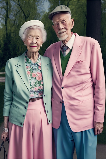 A married couple of pensioners who are happy in love Looking at the camera standing in a park Generative AI illustration