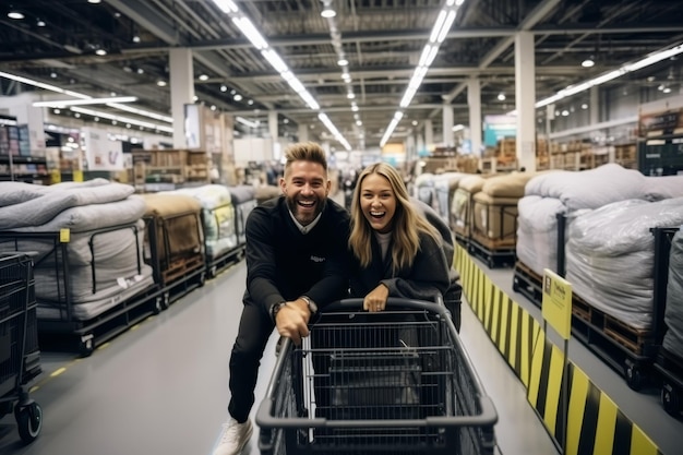 Married couple shopping together in a spacious clothing store browsing items in a large cart