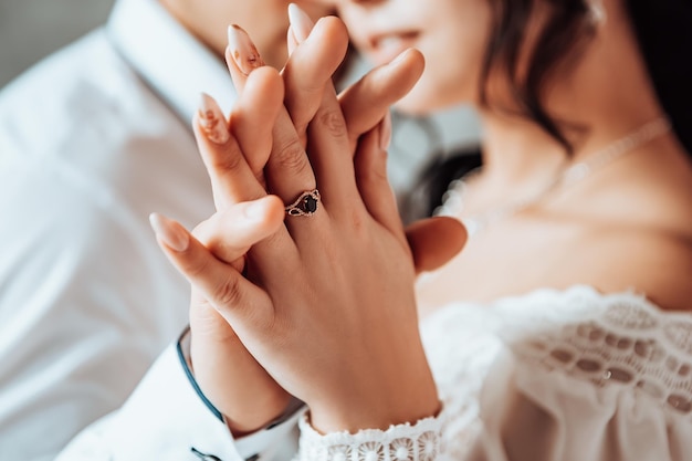 Married newlyweds celebrate their engagement at photo studio