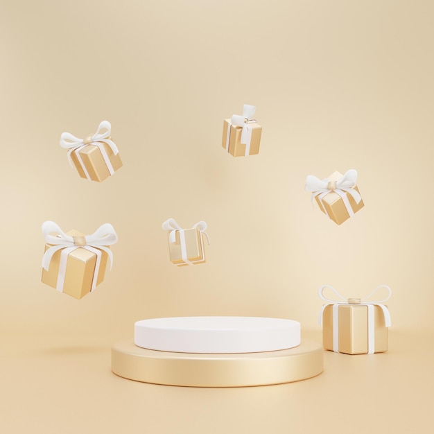 Marry Christmas and New Year Abstract Empty gift floating podium on gold background with Platform pedestal for product minimal presentation cosmetics stand banner showcase 3d render illustration