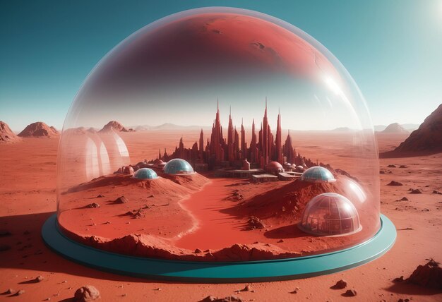 Photo mars base fantasy image of city under a glass dome on red desert planet