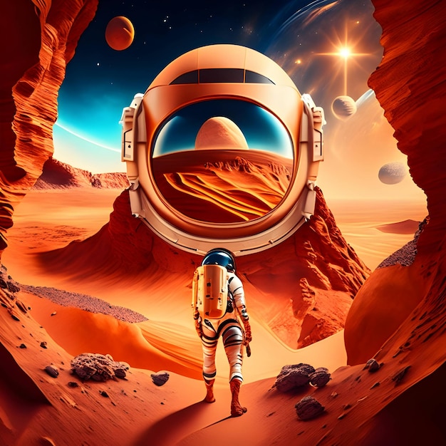 Mars collage with explorer discovering the planet ai generative