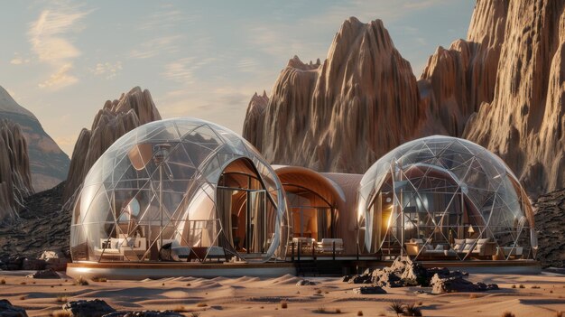 Photo mars colony exploration terraforming moon dome city metal geodesic dome houses stock generated geodesic bubbles and geodesic dome structures on mars39 surface