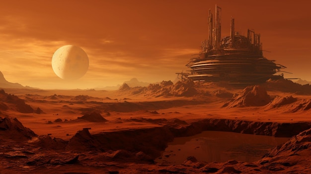 Mars landscape with old ruins over the planet