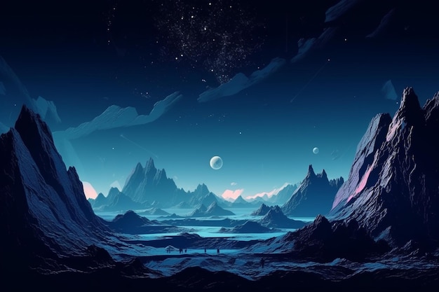 Mars planet style concept space fantastic planet surface and rocky mountains background against night sky with stars shining bright on horizon generative AI