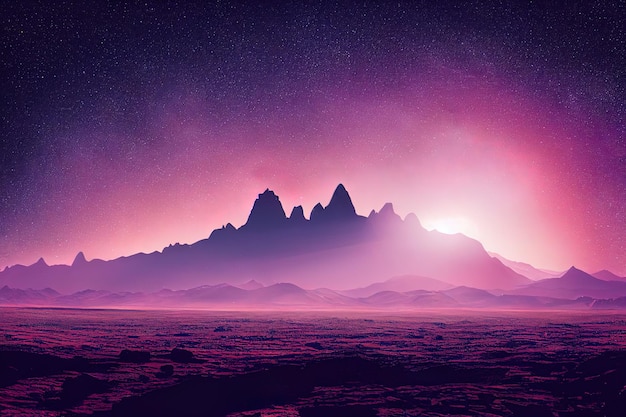 Mars purple space landscape with large planets on purple starry sky meteors and mountains Digital illustration