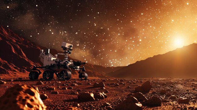 Mars rover exploring rocky terrain with starry sky at sunset